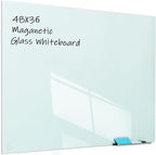 JYYPWB Glass Magnetic Dry-Erase Board - 48 x 36 Inches Hanging Glass Whiteboard for Wall, Large Frameless Magnetic White Board for Office, Home & School