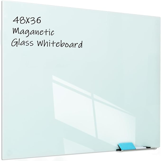 JYYPWB Glass Magnetic Dry-Erase Board - 48 x 36 Inches Hanging Glass Whiteboard for Wall, Large Frameless Magnetic White Board for Office, Home & School