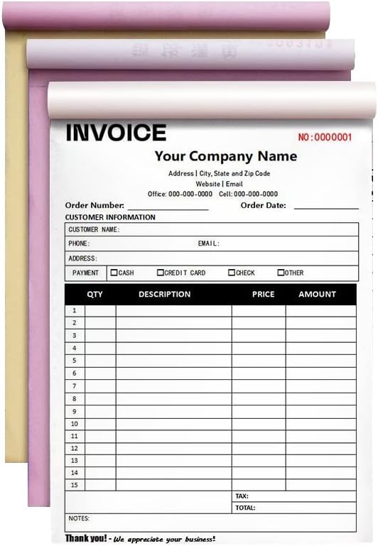Custom Carbonless Sales Invoice Form Books for Small Business, Personalized NCR 3-Part Receipt Book with Carbon Copies, Cover Add Company Name, Address and Number Printed
