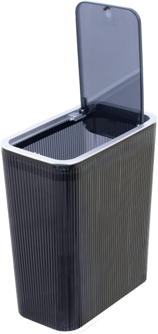Glad Bathroom Trash Can, 2.6 Gallon (10L) - Slim Plastic Waste Basket with Pop-Up Lid and Bag Ring - Colored Clear Trash Can for Bedroom, Office, College Dorm - Smokey Grey