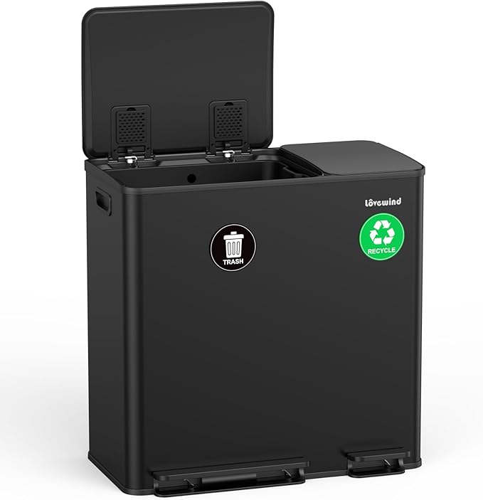 Lovewind Dual Trash Can, 14 + 6 Gallon Garbage Can for Kitchen Dual Compartment Recycling Kitchen Step Trash Bin, Stainless Steel Trash and Recycle Bin Combo with Soft-Close Lid, Black