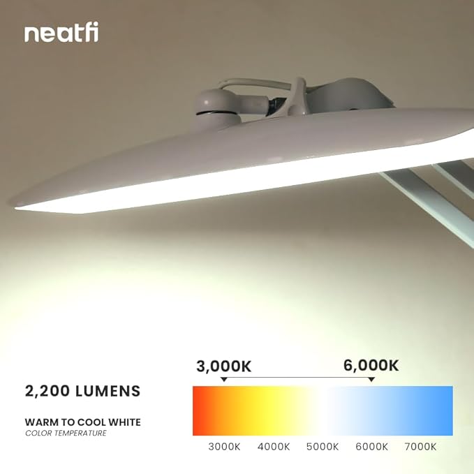 Neatfi XL 2,200 Lumens LED Task Lamp, 20W, 182 Pcs SMD LED, Dimmable, 4 Level Brightness, 3 Light Modes, Desk Light for Home, Office, Workbench (CCT, White)