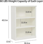 Bevfint 43 in Tall Bookcase, 3-Tier Bookshelf Open Storage, 33 inch Wide Floor Standing Indoor Furniture, Book Cases for Home School Library Office Bedroom Kids, White 3 Tiers