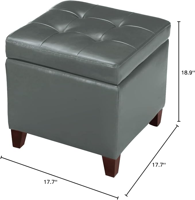 Homebeez Tufted Faux Leather Storage Ottoman Square Cube Foot Rest Stool with Flip Top (Grey)