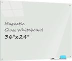 Magnetic Glass Dry Erase Whiteboard, 36 x 24 Inches Frameless Glass White Board Wall Mounted for Office Classroom and Home