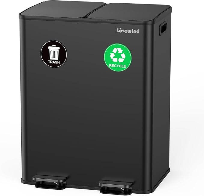 Lovewind Kitchen Trash Can, 2 x 8 Gallon (2 x 30 L) Stainless Steel Trash and Recycle Bin Combo with Soft-Close Lid, Dual Compartment Recycling Kitchen Step Trash Bin, Black