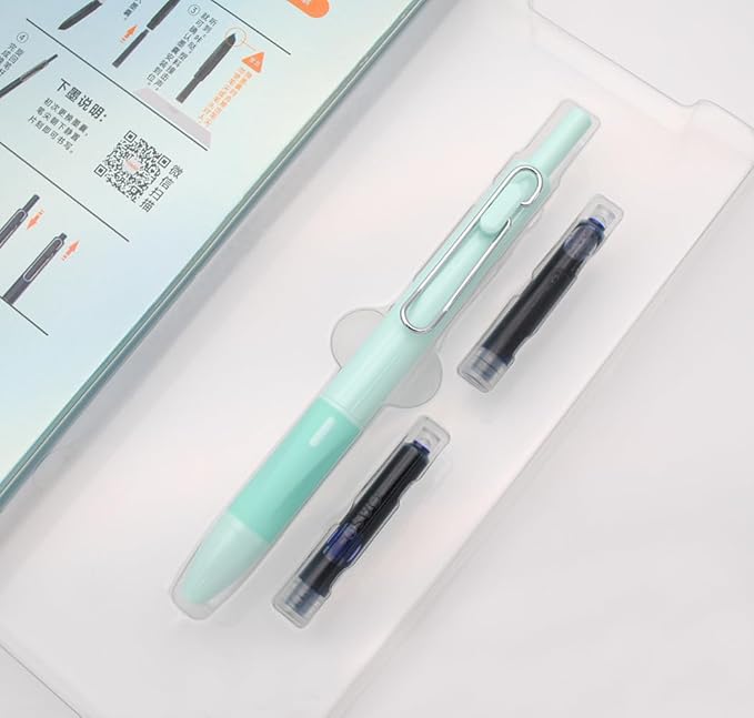 xixixiaozhu OASO K018 Sealed Retractable Fountain Pen Set 0.5mm with 2pcs Blue Ink Cartridges Smooth Writing for School Students (Light Green)