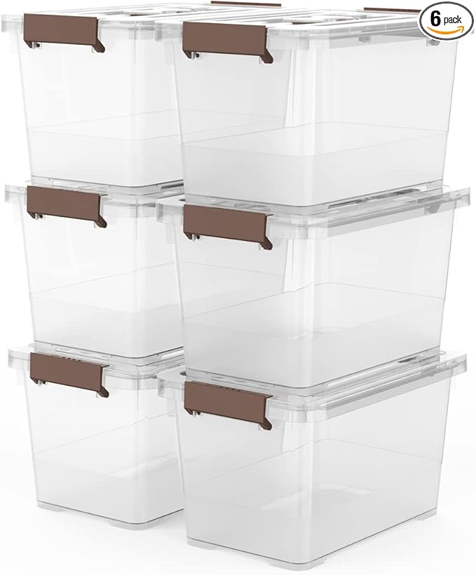 WYT 6-Pack Clear 7 Quart Storage Latch Box/Bins, Plastic Stackable Latching Box with Brown Handle and Lid, Multi-Purpose, 7 Litre