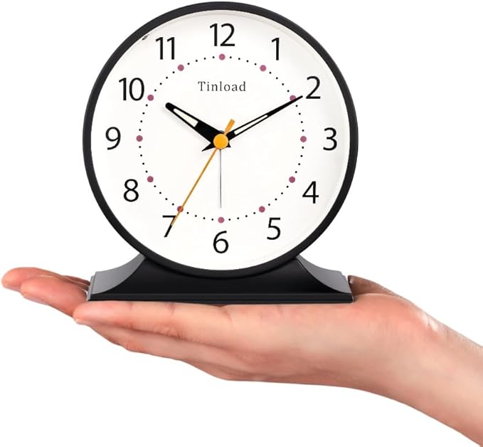 Tinload 4.5" Antique Retro Analog Alarm Clock, Small Silent Bedside Desk Clock with Manual Light, Battery Operated, Snooze, for Living Room, Bedroom, Bedside, Desk(Black)
