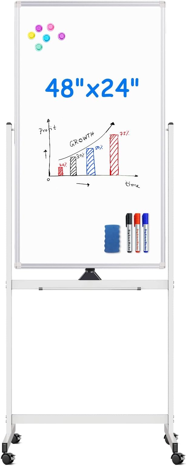 Magnetic Mobile White Board, 48 x 24 Double Sided Dry Erase Board Rolling Whiteboard Aluminum Frame Standing Whiteboard on Wheels