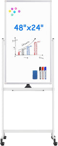 Magnetic Mobile White Board, 48 x 24 Double Sided Dry Erase Board Rolling Whiteboard Aluminum Frame Standing Whiteboard on Wheels