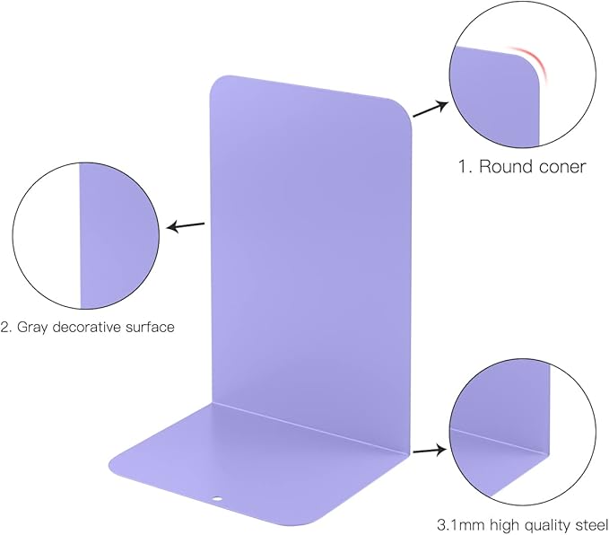 MSDADA Bookends, Book Ends for Book Shelves, Bookends for Office, Book Ends for Heavy Books, Metal Bookend Supports, Modern Minimalist Style Bookends, Purple(4 Pairs)