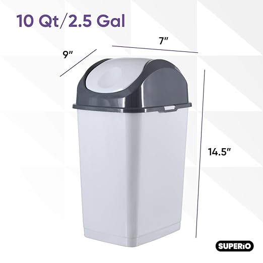 Superio Small 2.5 Gallon Plastic Trash Can with Swing Top Lid, Compact Slim Waste Bin for Under Desk, Office, Bedroom, Bathroom, Dorm Room, 10 Qt. Portable Garbage Can (SmokeWhite/Grey, 2 Pack)