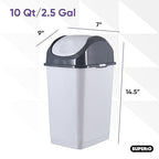 Superio Small 2.5 Gallon Plastic Trash Can with Swing Top Lid, Compact Slim Waste Bin for Under Desk, Office, Bedroom, Bathroom, Dorm Room, 10 Qt. Portable Garbage Can (SmokeWhite/Grey, 2 Pack)
