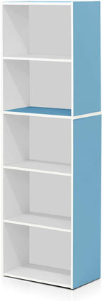 Furinno LUDER Book Shelf, 5-Cube Bookshelf, Bookcase with Open Shelf, 9.4 x 15.8 x 52, for Living Room, Bedroom, Home Office, White/Light Blue