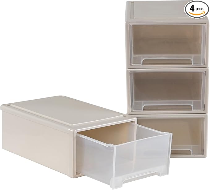 Xyskin 4-Pack 12 Quart Plastic Compact Stacking Drawer Unit, Stackable Desktop Storage Drawer Box