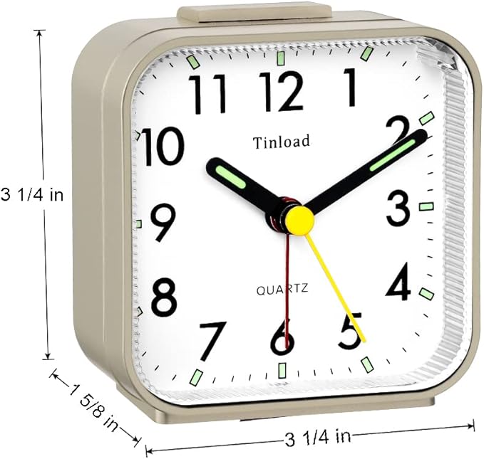 Tinload Small Battery Operated Analog Travel Alarm Clock Silent Non Ticking,Gentle Wake, Ascending Beep Sounds, Snooze,Lighted on Demand,Easy Set(Gold)