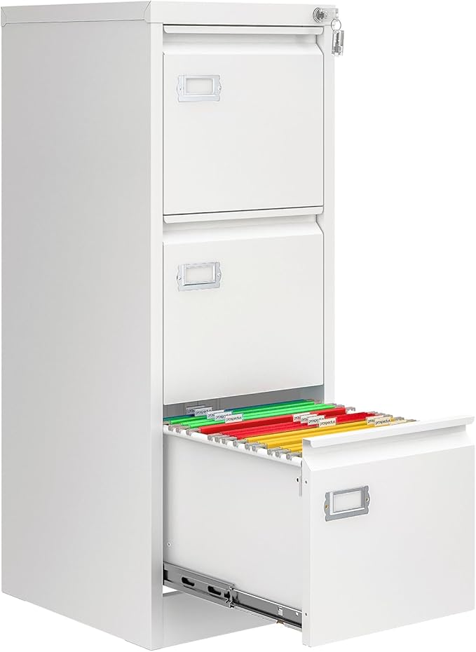 AFAIF 3 Drawer File Cabinet with Lock, Metal Filing Cabinets for Home Office, Vertical White Locking File Caninet, Steel Narrow Three Drawer File Cabnet for Letter/Legal / A4 / B4- Assembly Required