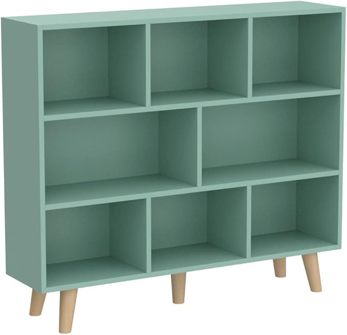 IOTXY Wooden Open Shelf Bookcase - 3-Tier Floor Standing Display Cabinet Rack with Legs, 8 Cubes Bookshelf, Tiffany-Green | Display Cabinet, Rack, with Legs, Bookshelf