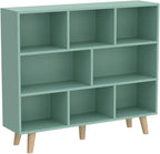 IOTXY Wooden Open Shelf Bookcase - 3-Tier Floor Standing Display Cabinet Rack with Legs, 8 Cubes Bookshelf, Tiffany-Green | Display Cabinet, Rack, with Legs, Bookshelf