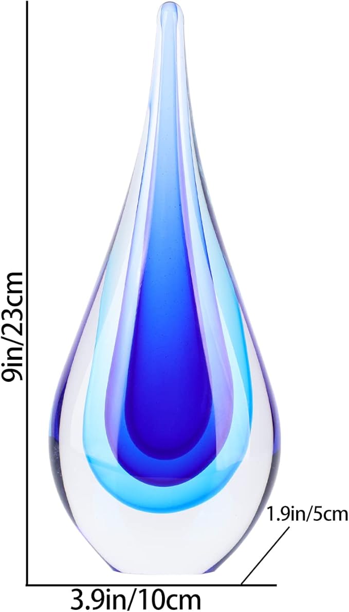 DOVDOV Blown Glass Sculpture, Blue Glass Art Collectible Statue, Unique Teardrop Ornament, Suitable for Office, Bookshelf, Dressing Table, Living Room Coffee Table, or Mantelpiece Display.