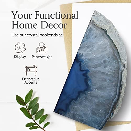 Nature's Decorations Blue Agate Bookends – A+ Grade Geode Heavy Duty Decorative Stone Crystal for Shelves & Bookcases, Natural Polished Bookshelf Decor, 1 Pair 3-4Lbs