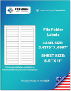 Premium Label Supply White File Folder Labels – 3.4375" x .667" – Laser/Inkjet Compatible – (30 per Sheet) 25 Sheets – 750 Total Adhesive Labels