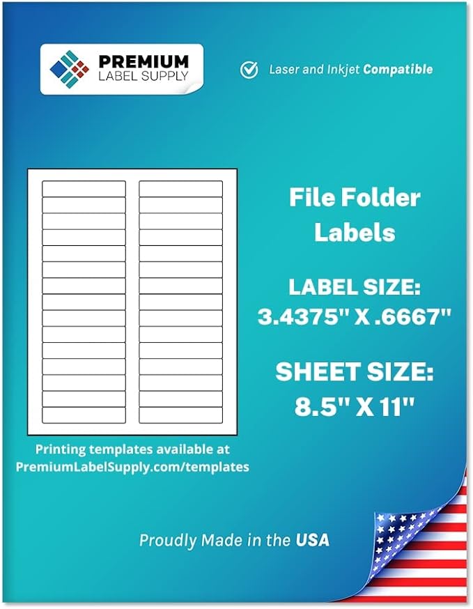 Premium Label Supply White File Folder Labels – 3.4375" x .667" – Laser/Inkjet Compatible – (30 per Sheet) 25 Sheets – 750 Total Adhesive Labels