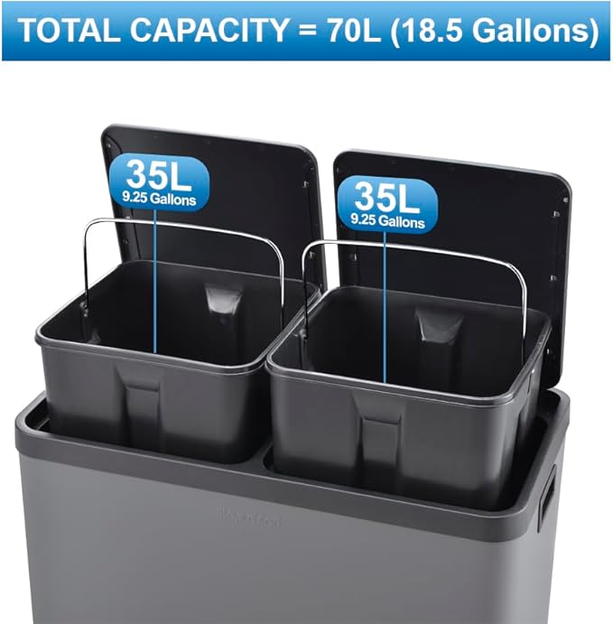 The Step N' Sort 18.5 Gallon Extra Large Capacity, Soft-Step, Dual Trash and Recycling Bin with Removable Inner Bins, Grey