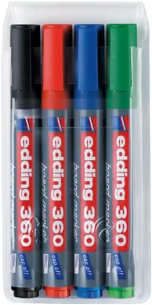 edding 360 whiteboardmarker set - zwart, rood, blauw, groen - 4 whiteboardstiften - ronde punt 1,5 - 3 mm - boardmarker uitwisbaar - voor whiteboard, flipchart, prikbord, memobord - navulbaar