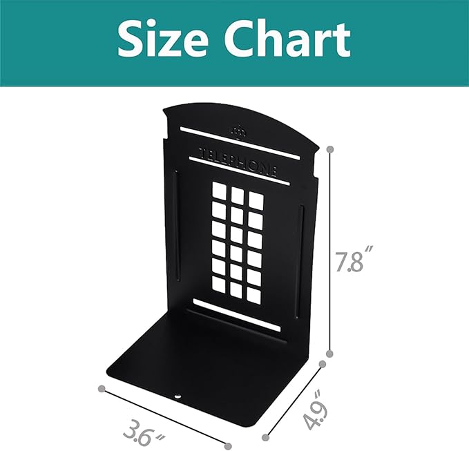 MerryNine 6 Pack Book Ends, Metal Bookends for Shelves, Telephone Booth Decorative Bookends, Non Skid Heavy Bookends, Book, Magazine or CD Organizers for Home and Office (Black-6pcs)