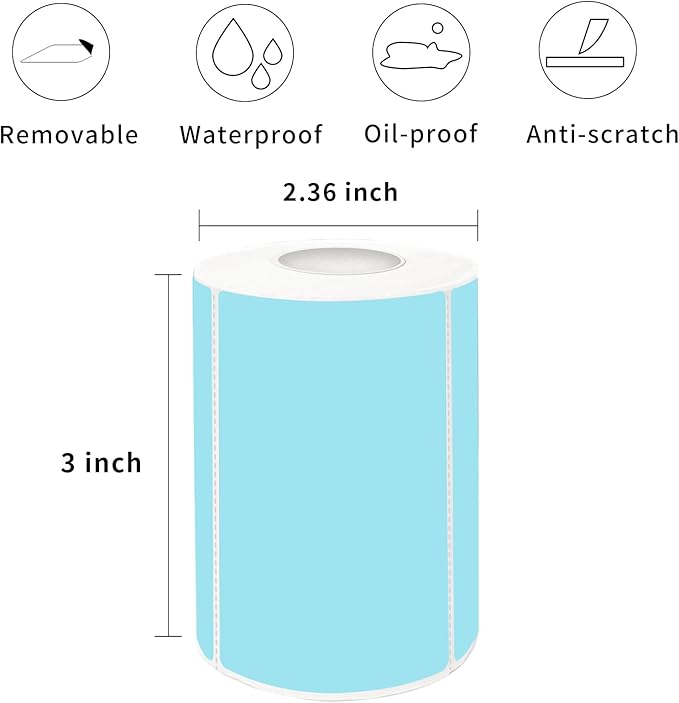 2×3 Inch Blue Removable Thermal Labels,Self-Adhesive Square Direct Thermal Labels,300 Sheets per Roll with Perforated Lines