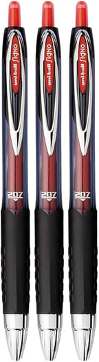 Advantage Gifts Signo 207 Roller Ball Retractable Gel Pens, Medium Point (0.7mm), Red Ink, 3 Count, Bundle with Plastic Reusable Pouch