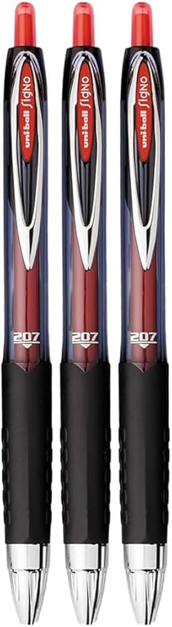 Advantage Gifts Signo 207 Roller Ball Retractable Gel Pens, Medium Point (0.7mm), Red Ink, 3 Count, Bundle with Plastic Reusable Pouch
