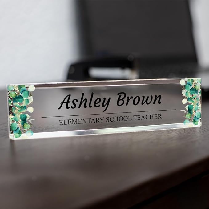 Signs ByLITA Floral Pattern Customized Nameplate | Eucalyptus Personalized Full Color Acrylic Desk Sign