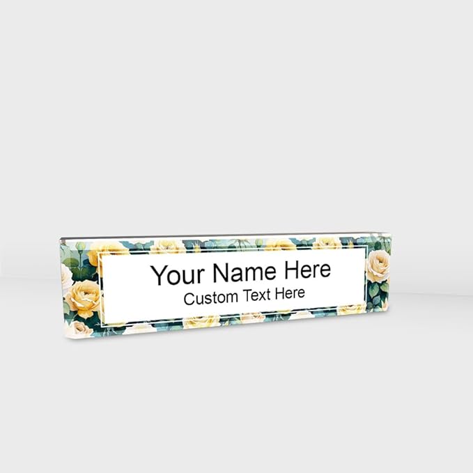Signs ByLITA Floral Pattern Customized Nameplate | Golden Rose Personalized Full Color Acrylic Desk Sign