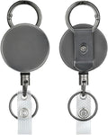Will Well ID Badge Holder Reel with Clip and Keyring - Heavy-Duty All-Metal Casing with 27.5" UHMWPE Fiber Pull Cord for Durability and Easy Access, Holds up to 8 Keys - 2-Pack, Round, Glossy Silver
