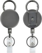 Will Well ID Badge Holder Reel with Clip and Keyring - Heavy-Duty All-Metal Casing with 27.5" UHMWPE Fiber Pull Cord for Durability and Easy Access, Holds up to 8 Keys - 2-Pack, Round, Glossy Silver