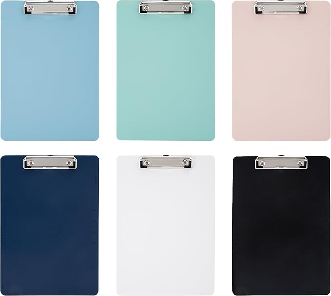 Principal Lines 6 Pack Plastic Clipboards with Low Profile Clip, Hanging Clipboards Bulk, Clip Boards 8.5x11 Holds 100 Sheets, A4 Letter Size Clipboard for Teacher, Students, Kids, Classroom & Office