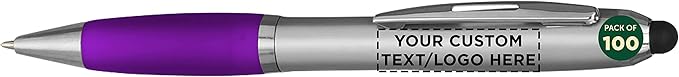 DISCOUNT PROMOS Custom Stylus Ballpoint Pens Set of 100, Personalized Bulk Pack - Black Ink, Great for Office, School, Business, Tradeshows, Events - Purple