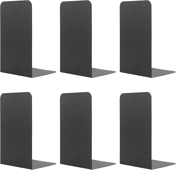 MSDADA Black Metal Bookends (6pcs, 3 pairs) for Book Shelves, Office, Heavy Books, Modern Minimalist Style