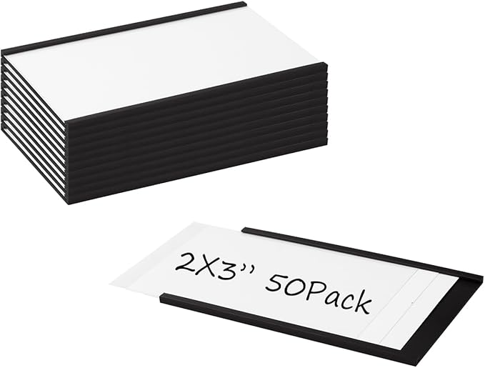 Realth C Channel Magnetic Label Holders 2'' x 3'' 50 Pack, Magnetic File Cabinet Labels with Paper Inserts and Clear Plastic Protectors, Magnetic Card Holders for Metal Racks, Shelf, Locker, Tool Box