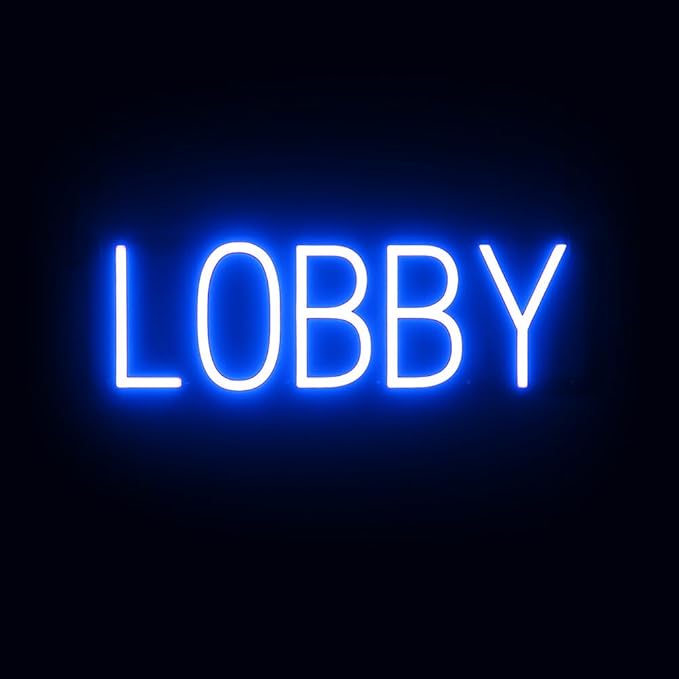 SpellBrite LOBBY Sign | Directional Sign with Neon Look, Blue LED Light Source | 20.4" x 6.3"