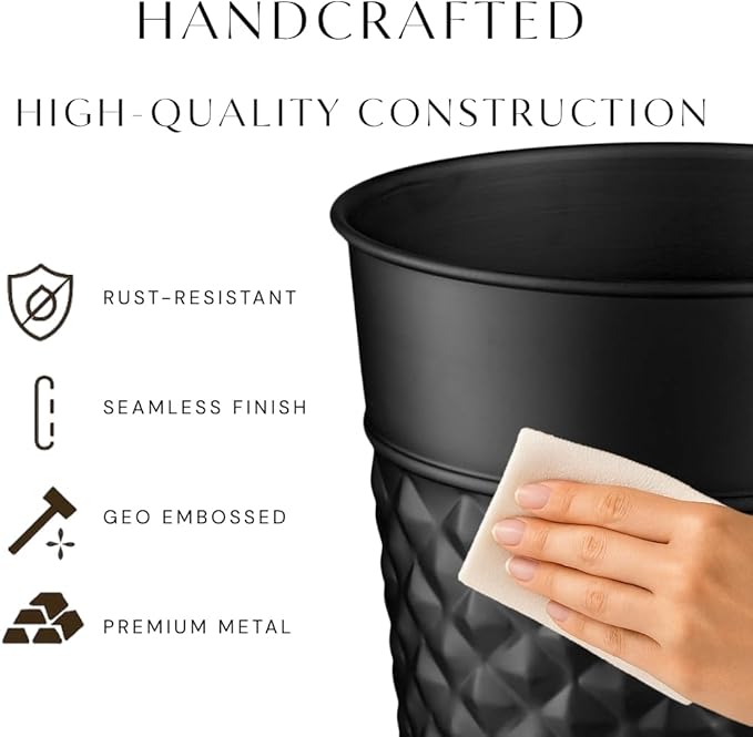 Monarch Abode Metal Bathroom Trash Can – Waste Basket for Bedroom, Office Desk, & Dorm, Handcrafted Geo Embossed, Durable Decorative Black Small Trash Can Bathroom Garbage Bin Wastebasket