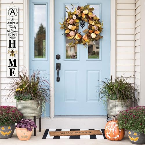 SRongmao Welcome To Our Home Porch Sign Personalized Welcome Sign for Front Door Custom Family Name Signs Standing Vertical Rustic Farmhouse Bee Decor for Front Door Wall Decor