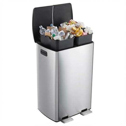 Fashionwu 16-Gallon Dual Compartment Stainless Steel Trash Can – Soft-Close Lids, Foot Pedal, Dual Removable Buckets, Fingerprint-Resistant Recycling Bin for Kitchen, Office & Commercial Use