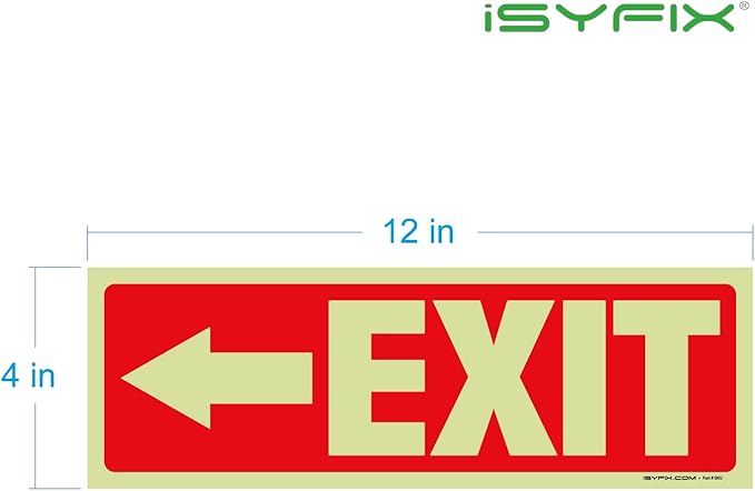 iSYFIX Exit Stickers Signs with Directional Left Arrow 6 Pack 12x4 Inch - Glow in the Dark Photoluminescent Vinyl for Office, School, Business, Warehouse - UV & Weather Resistant for Indoor/Outdoor Use