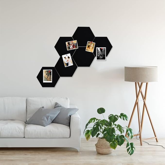 Vuzvuv 6 Pcs Hexagon Bulletin Board with 50 Pushpins & Sticky Note Adhesive Cork Board for Wall，Felt Pin Board for School，Office Decor（Black）