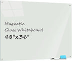 Glass Whiteboard 4' x 3', Magnetic Dry Erase Board Frameless Wall Mounting, Large Glass White Board for Office Home & School