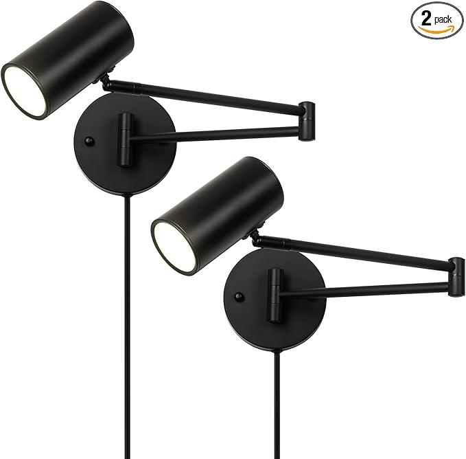Ahaloye 2 Pack Plug in Wall Sconce, Black Swing Arms Wall Lamp with Plug-in Cord Adjustable Wall Light for Bedroom Living Room (Light Source Included)